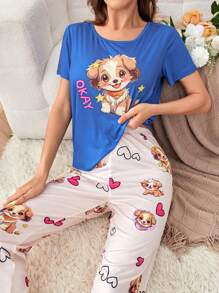 可爱小狗和心形图案女士睡衣套装 - 彩色 - 查看 4