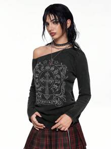 ROMWE Grunge Punk Áo thun nữ Kpop họa tiết cây leo đính đá Y2K cổ điển và họa tiết lễ hội rách vai bất đối xứng - màu đen - Xem 4