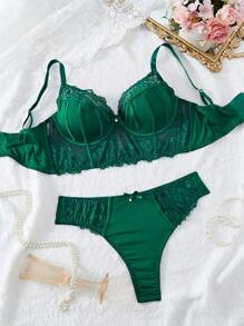 2 Pcs/Set Plus Size Lace Patchwork Bow Decor Wire Bra Set - Green - View 7