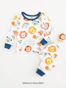 Cozy Pixies 2pcs Baby Boy Snug Fit Pajama Set, Cartoon Animal Pattern Knitted Soft Crew Neck Long Sleeve Top & Long Pants