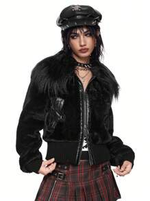 ROMWE Grunge Punk Gyaru Snow 朋克时尚人造毛皮和 PU 拼布短款女式夹克 - 黑色 - 查看 1