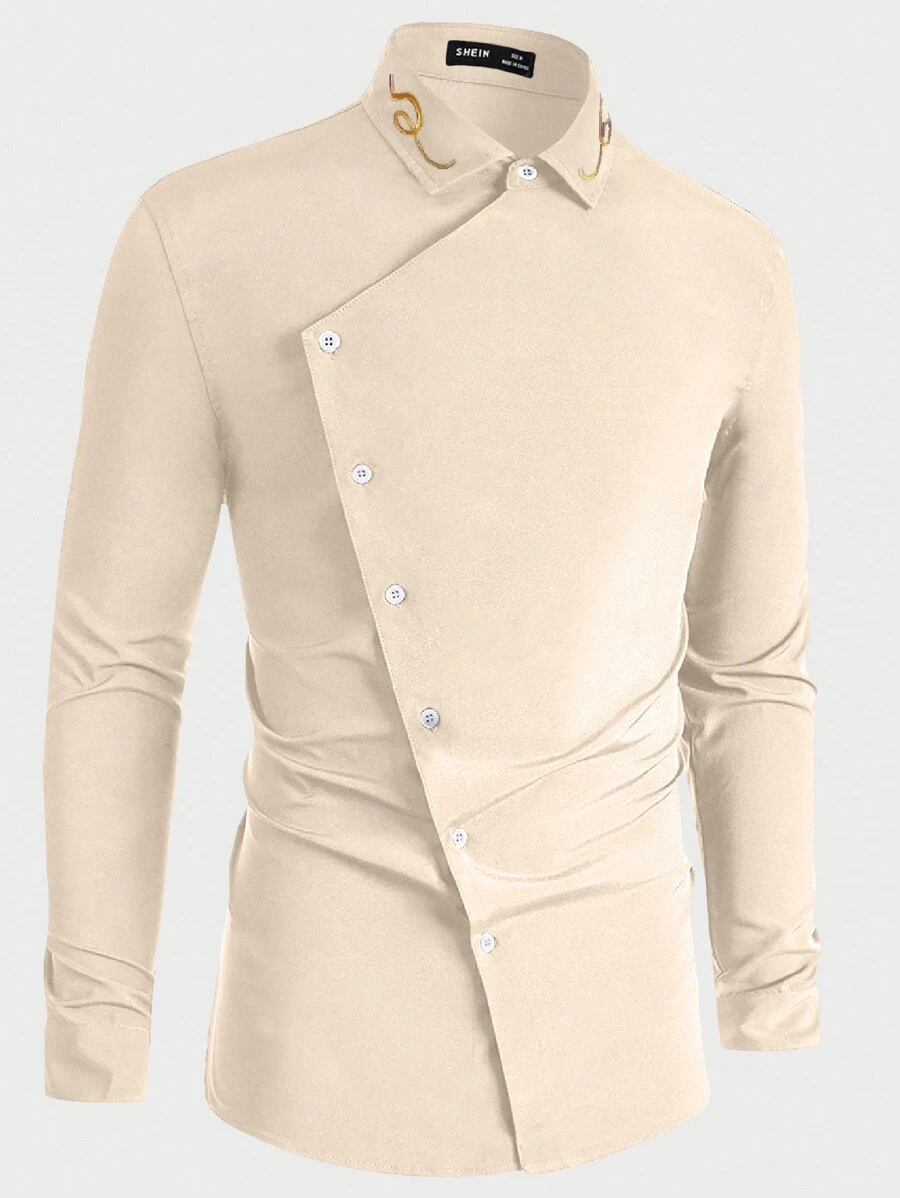 GENTILAND 男士纯色简约时尚纽扣衬衫 - 杏色 - 查看 1