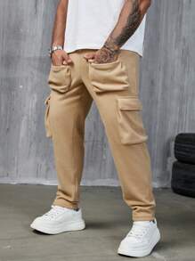 Manfinity Homme 男士休闲翻盖口袋抽绳腰运动裤，秋季款，圣诞节款 - 杏色 - 查看 4