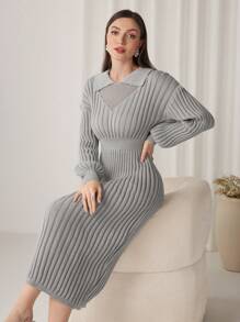 Modelyn Women's Collared Fitted Bodycon Sweater Dress - Grey - View 4