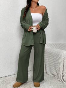 SHEIN Frenchy 2pcs Green Knitted Plus Size Set, Jacket + Pants, Casual & Comfortable, Autumn/Winter - Dark Green - View 4