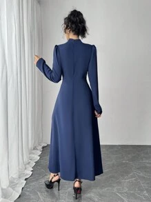 Rafferiza Elegant Blue High Neck Long Sleeve Ruffle Rhinestone & Pearl Dress Maxi Women Outfit - Royal Blue - View 2