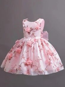 SHEIN Glamorique Kids Partywear 4-seizoenen meisjes jong meisje bloemenmeisje trouwjurk, roze V-rug mesh tule prinsessenjurk, mooie zoete kerstjurk