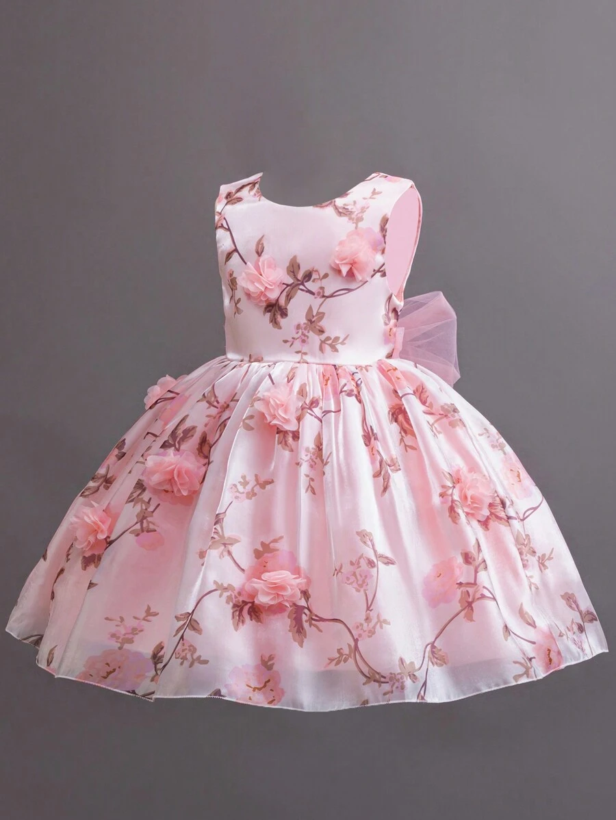 SHEIN Glamorique Kids Partywear 4-seizoenen meisjes jong meisje bloemenmeisje trouwjurk, roze V-rug mesh tule prinsessenjurk, mooie zoete kerstjurk