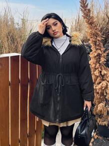 SHEIN EZwear 大码女式黑色夹棉大衣，保暖，寒冷天气，秋装，羊毛，女式冬装 - 黑色 - 查看 5