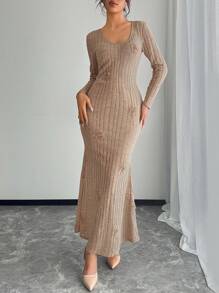 SHEIN Unity Knit Textured V-Neck Slim Fit Knee-Length Dress For Women Maxi Women Outfit Fall Cloth For Women - Khaki - View 6
