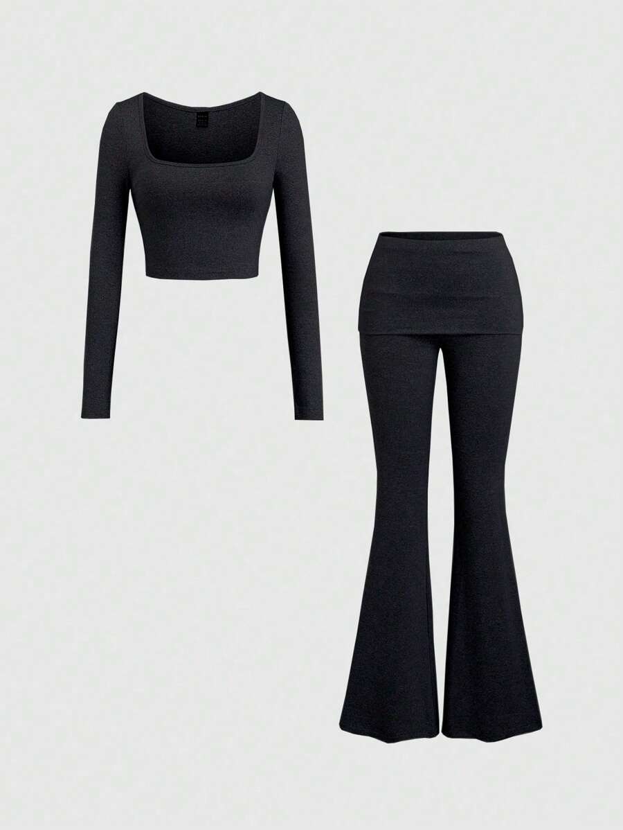 Sweetra 2pcs Set: Square Neck Long Sleeve T-Shirt And Flare Pants, Casual Fitted Women Fall Cloth For Women - Black - View 1