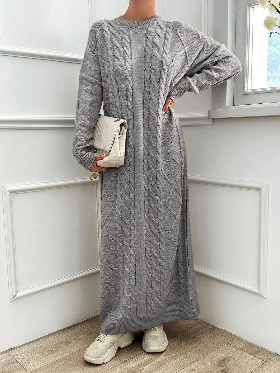 EURMUSE Women Solid Drop Shoulder Oversize Cable Knit Sweater Dress