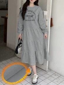 DAZY 女士字母印花圆领长袖荷叶边下摆休闲连衣裙，适合秋冬季，秋季女装