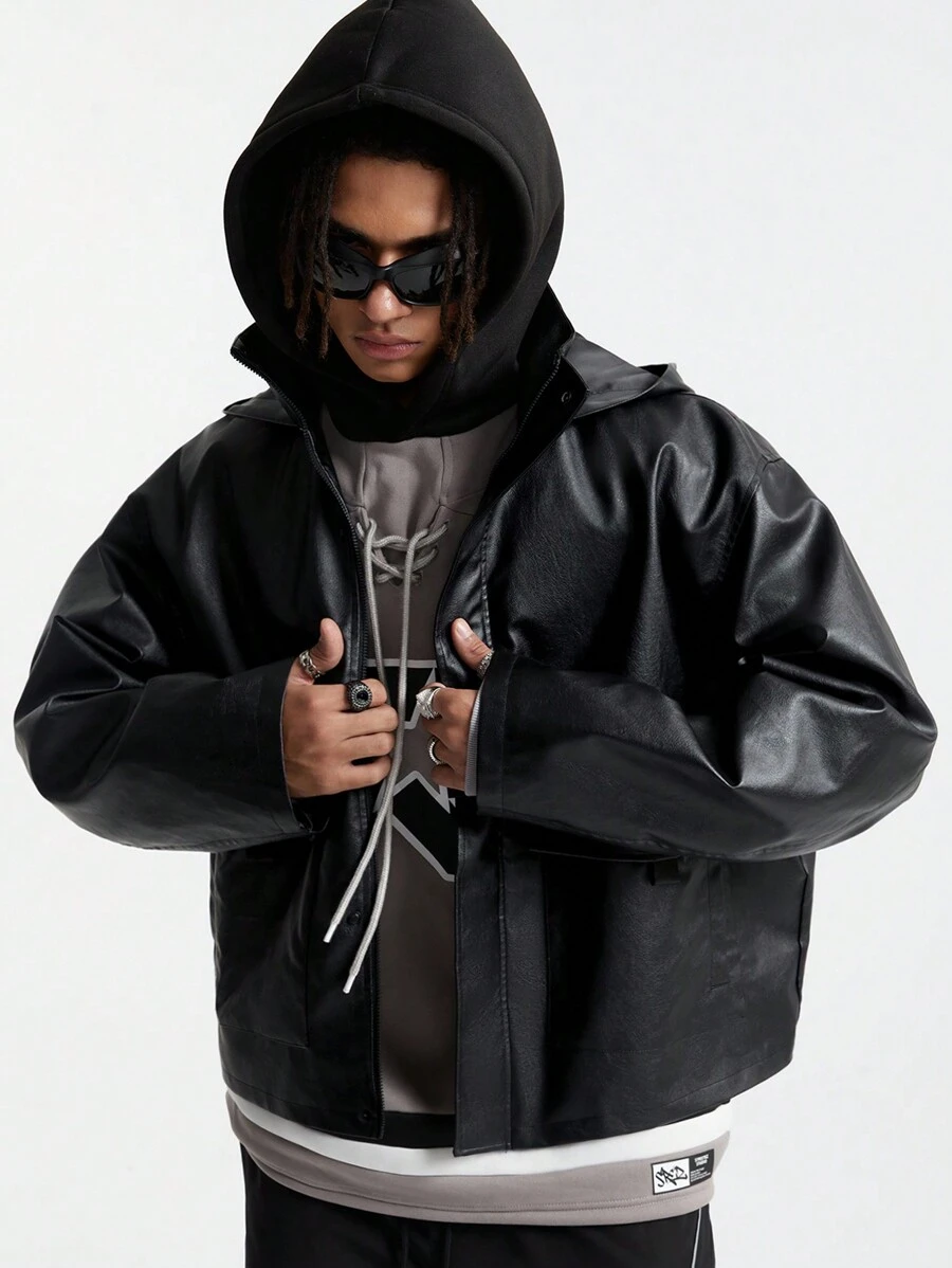Manfinity NXTstreet Herren Loose Woven Jacke aus PU-Leder, Cargo Ausgeh Schwarze Jacke mit Langarm, als Geschenk für Freunde, Ehemann, Freund, für Herbst und Winter - Schwarz - Übersicht 1