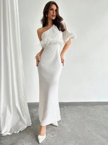 Firerie Elegant Romantic Sexy White Asymmetric Satin Feather Bodycon Party Dress, Autumn/Winter New Arrival - White - View 1