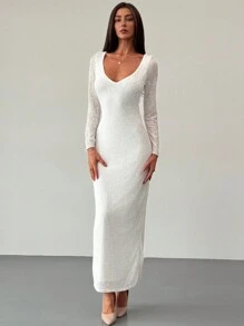 Aloruh Long Sleeve V-Neck Bodycon White Dress, Suitable For Dating, Holiday, Commuting - White - View 3
