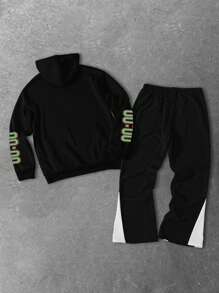 Manfinity LEGND Bộ 2 áo hoodie dài tay in chữ mùa thu dành cho nam và quần nỉ, bộ đồ thể thao thường ngày - màu đen - Xem 2