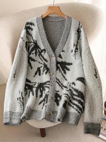 SHEIN LUNE Women Plus Size Black Knit Jacquard Minimalist Cardigan Sweater,Autumn Smart Casual Concert Style,Solid Color For Winter,Halloween,Christmas,Gala - Black and White - View 3