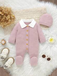 SHEIN Newborn Baby Contrast Color Turndown Collar Single-Breasted Long Sleeve Casual Knitted Romper, Autumn/Winter - Pink - View 1
