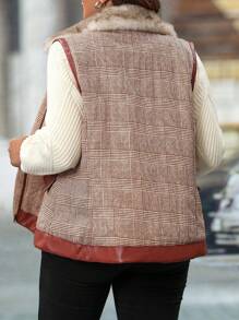 SHEIN LUNE Chaqueta sin mangas elegante de Navidad para uso diario en otoño/invierno para mujer de talla grande, con cuello esponjoso y cremallera de color contrastante