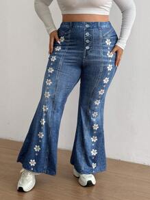 SHEIN CURVE+ 休闲定位印花牛仔效果喇叭裤 - 藍色 - 查看 8