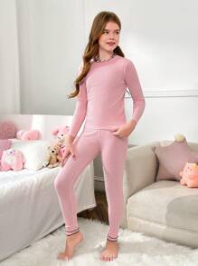 SHEIN Tween Girls 2pcs/Set Sweet Minimalist Ruffle Collar Long Sleeve T-Shirt And Soft Pajama Pants Set, Comfortable Sleepwear - Baby Pink - View 4