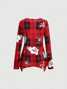 SHEIN LUNE Camiseta de mujer con cuello redondo y bajo asimétrico para Navidad y Año Nuevo, camisetas gráficas, ropa de mujer para otoño - Rojo - Ver 2