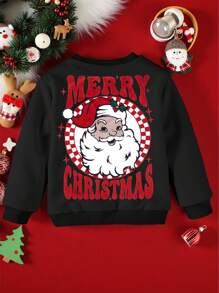 Christmas Atmosphere Baby Girls Sweatshirt, Autumn/Winter Round Neck Pullover Hoodie, White Casual Loose Comfortable Sweatshirt With Santa Claus Print On Front, Merry Christmas Print On Back, Family Matching Outfits