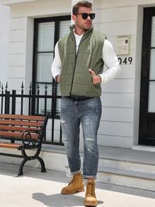 Manfinity Homme Plus Size Men's Solid Color Zip Pockets Sleeveless Padded Padded Coat, Autumn/Winter