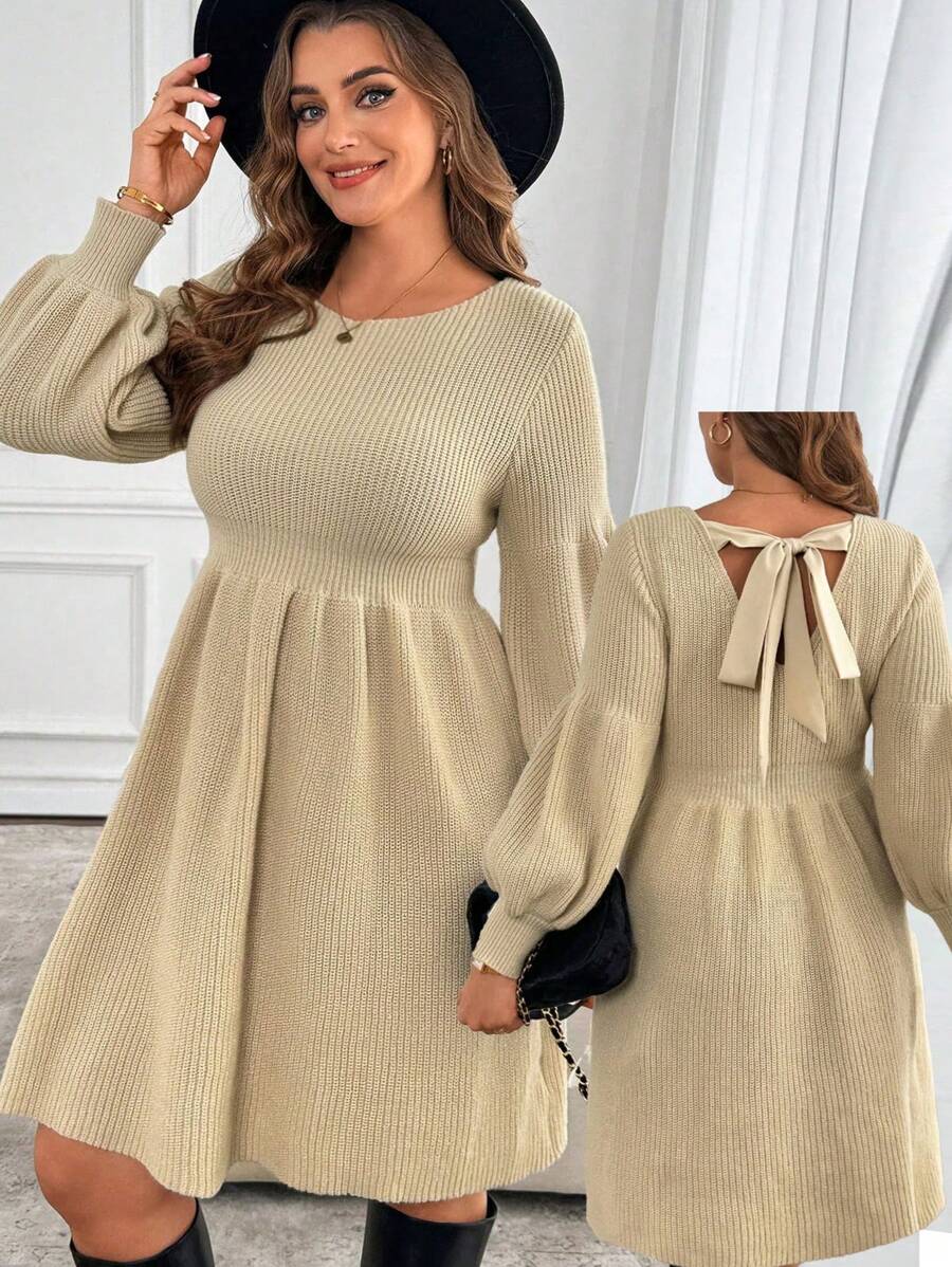 SHEIN LUNE Váy len dệt kim cổ tròn thắt nơ lưng cỡ lớn màu mơ, dáng chữ A dài tay, thường ngày và đa năng cho mùa thu/đông - Màu be - Xem 1