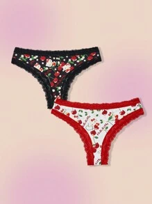HELLO KITTY AND FRIENDS | SHEIN Celana Dalam Seksi Berenda Kontras dengan Motif Kucing dan Ceri Lucu Ukuran Plus - Hitam - View 6