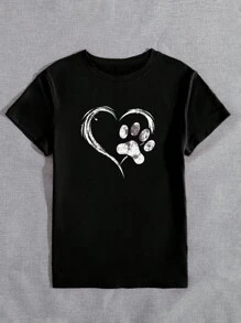INAWLY 女士休闲圆领短袖上衣，带有狗爪和爱心印花图案 T 恤女士上衣 - 黑色 - 查看 3