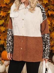 SHEIN LUNE Manteau décontracté en patchwork léopard grande taille pour l'automne et l'hiver, thermique pour les vacances - Multicolore - Voir 3