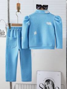 Conjunto de para niñas de otoño/invierno, con textura de efecto de mezclilla, estampado de corazones, estilo desgarrado, tela de alta elasticidad, de ajuste ceñido