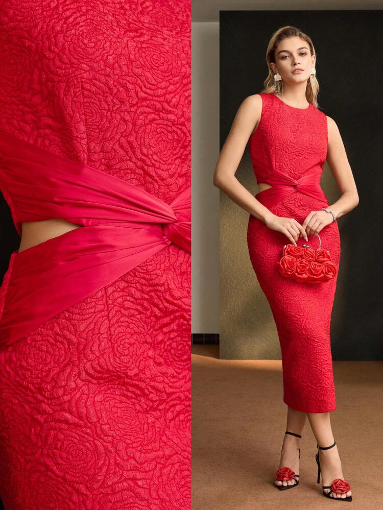 MOTF Soiréza SOLID JACQUARD CUTOUT TWIST WAIST SLIM FIT DRESS