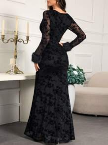 Modelyn Women's Elegant Autumn Asymmetric Shoulder Mesh Contrast Fish Tail Hem Dress - Black - View 4