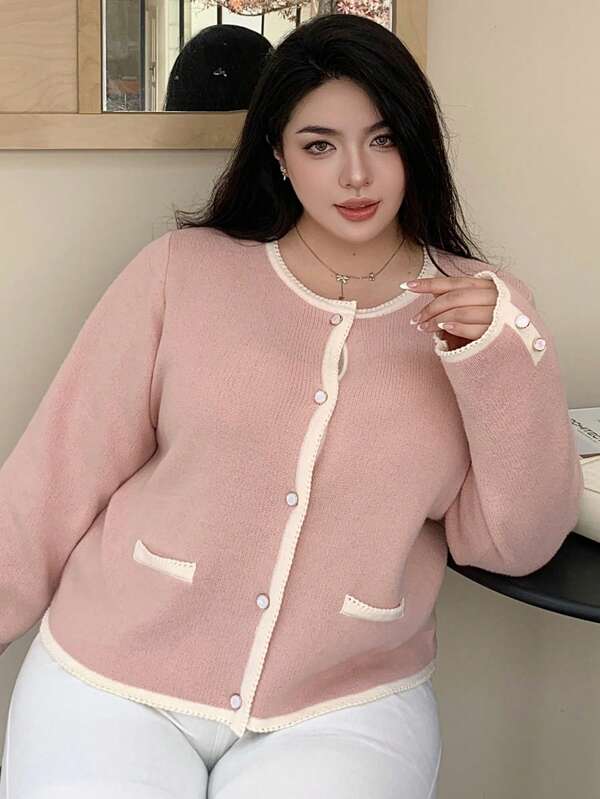 Dazy Plus Plus Size Women's Casual Crew Neck Contrast Trim Front Button Cardigan, Autumn, For Winter