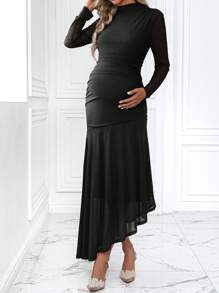 MaterniWear Đầm bầu tay dài cổ đứng viền bất đối xứng màu trơn cho bà bầu, Đầm cho mùa xuân/hè - màu đen - Xem 6