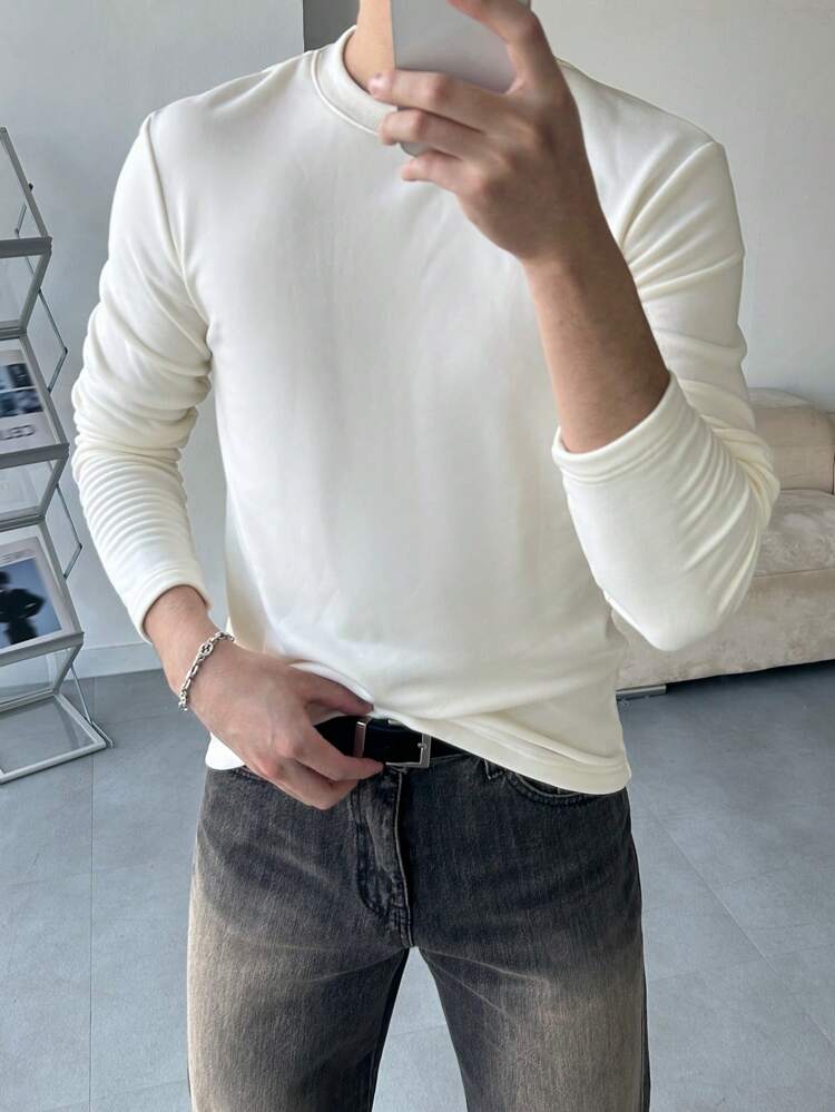 Men's Solid Color Round Neck Long Sleeve Casual T-Shirt, Autumn, Fall