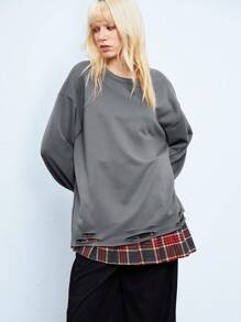 Lunelith SHEIN Lunessa 1 pieza Sudadera de manga larga con cuello redondo, diseño de dobladillo desgastado, estilo punk, otoño/invierno, gris y holgada para mujer