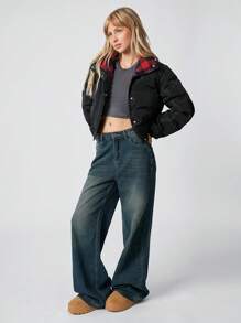 SHEIN EZwear 法式纯色短款夹棉黑色休闲外套 - 黑色 - 查看 4