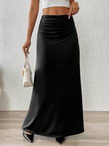 SHEIN Clasi Casual Elegant Romantic Style Everyday Versatile Elastic Waist Ribbing Hem Long Bodycon Stretch Knit Skirt For Women, Autumn/Winter Maxi Women Outfit