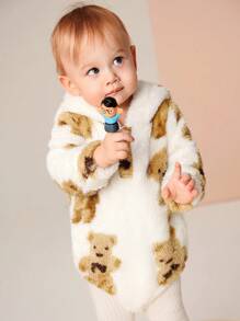 SHEIN Baby Boy Winter Casual Cute Bear Hoodie With Fluffy Ears Thick Warm Bodysuit, Suitable For Outdoor Play, Birthday, Home Comfort - Multicolor - View 7