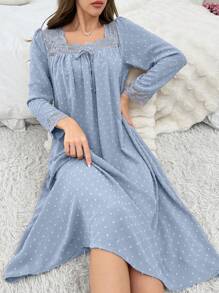 Camisón holgado de mujer con cuello cuadrado de encaje jacquard y manga larga, con efecto esponjoso, ideal para las temporadas vacacionales y de vacaciones