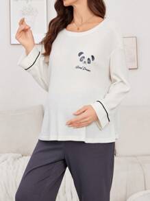 Conjunto de ropa de estar en casa para maternidad con bordado de panda y tejido de waffle