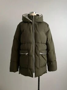 SHEIN EZwear 绿色编织女式连帽拉链口袋冬季长袖外套 - 軍綠色 - 查看 6