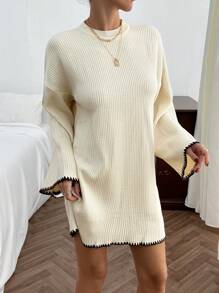 EURMUSE Pullover Bege Long Sweater With Hem And Sleeve Detail+320 - Beige - View 3