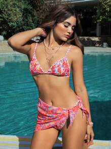 Swim Mod 2pcs Women's Tiny Floral Halter Neck Tie-Side Bikini Set Summer - Multicolor - View 1