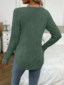 SHEIN LUNE 优雅女士纯色圆领长袖毛衣，秋冬季针织套头衫 - 綠色 - 查看 2