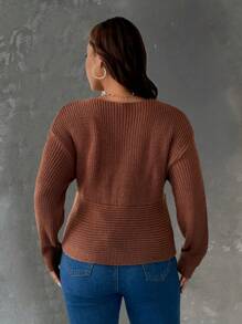 SHEIN Unity Plus Size Casual Minimalist Solid Color Off Shoulder Faux Pearl Decor Cross Wrap Sweater, Autumn & Winter Knit Pullover Fall - Khaki - View 2